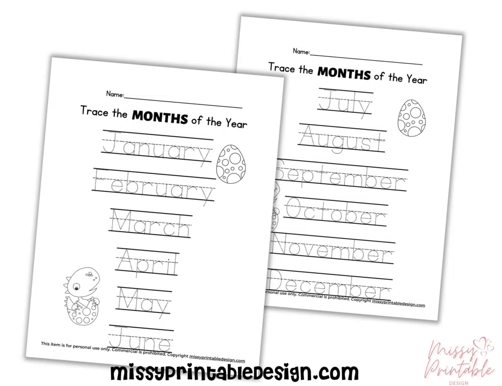 dinosaur months of the year tracing
