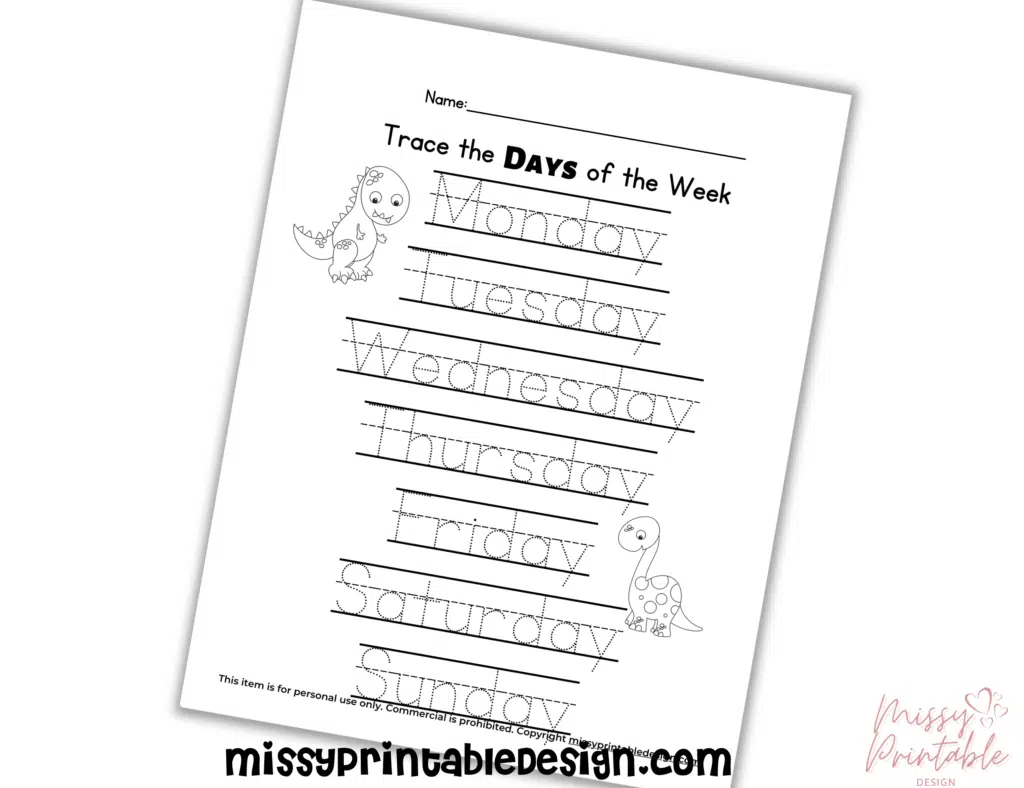 dinosaur days of the week tracing